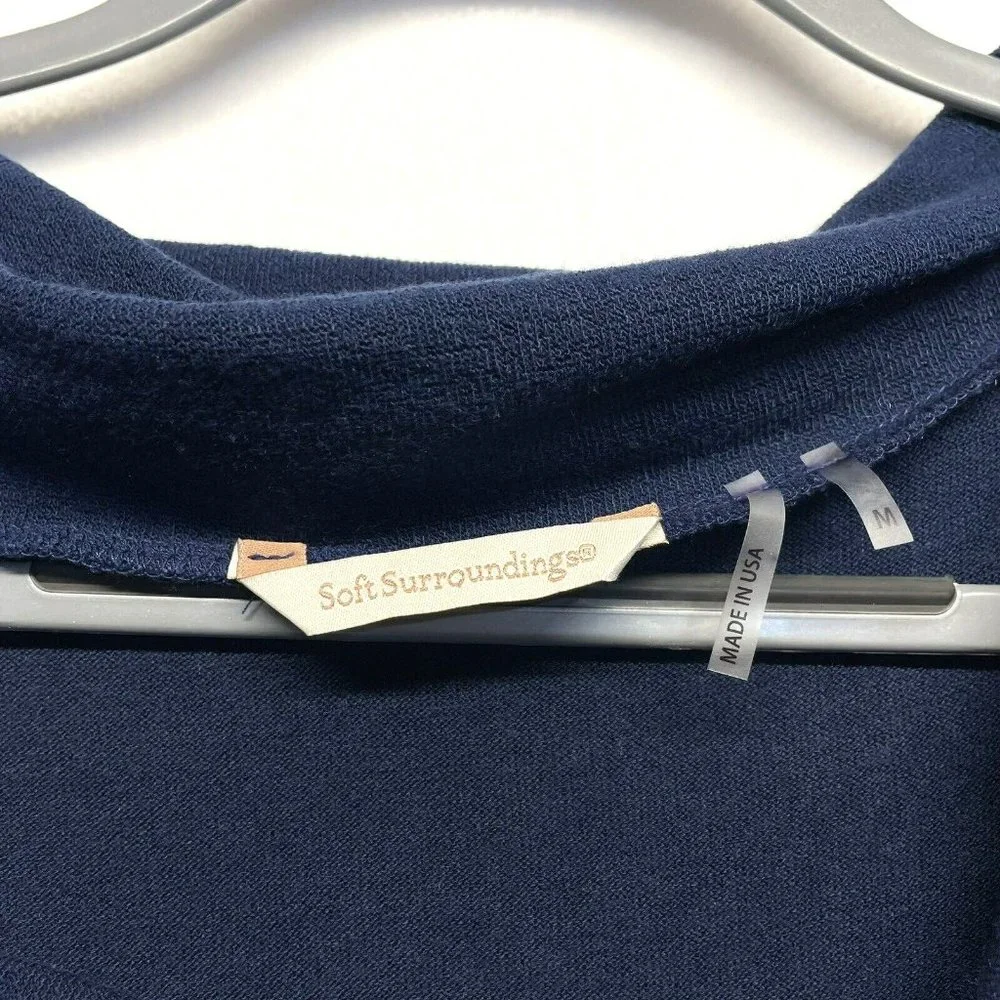 Soft Surroundings Sweater Size Medium Blue Ruched Cowl Neck Short‎ Sleeve